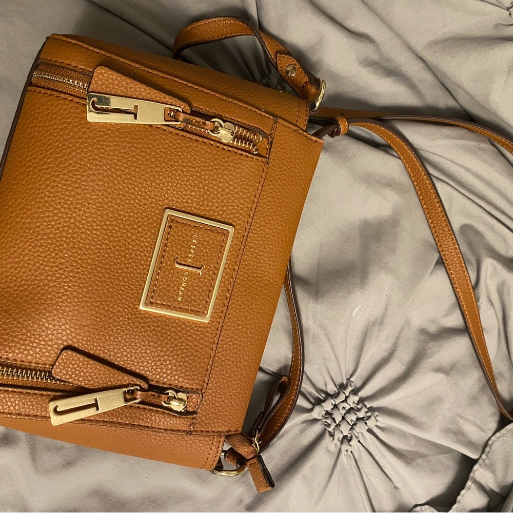 Elegant Tan Crossbody Bag with Gold Details